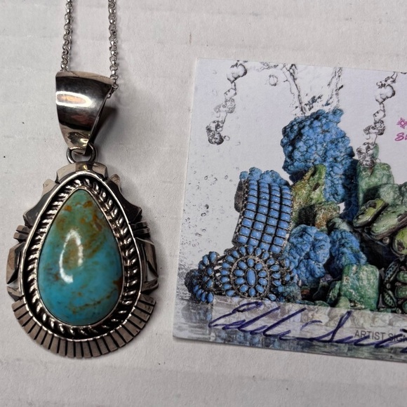 SUNWEST SILVER Pear Cut Kingman Turquoise Pendant Necklace - Picture 2 of 6